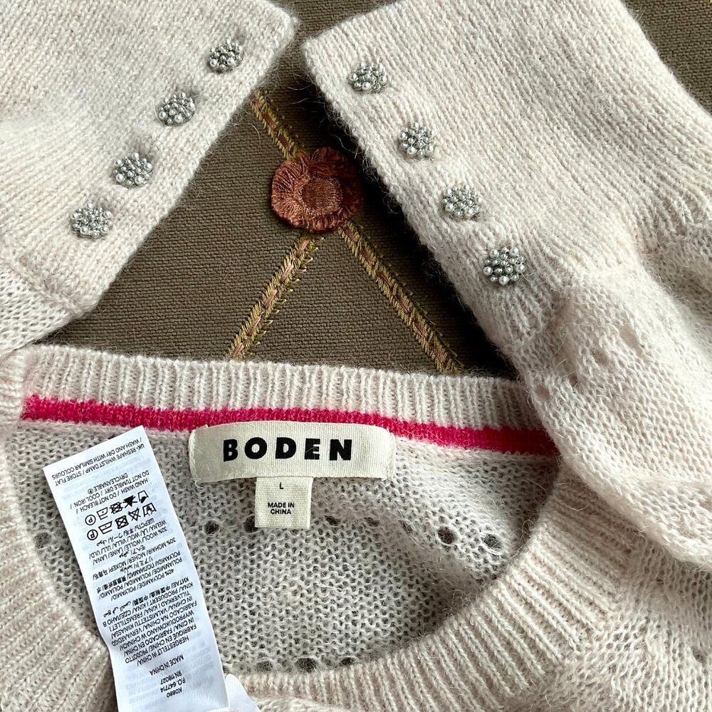 Boden Sweater Wool Mohair Crew Neck Gem Cuff Buttons Beige (L) - Picture 6 of 8